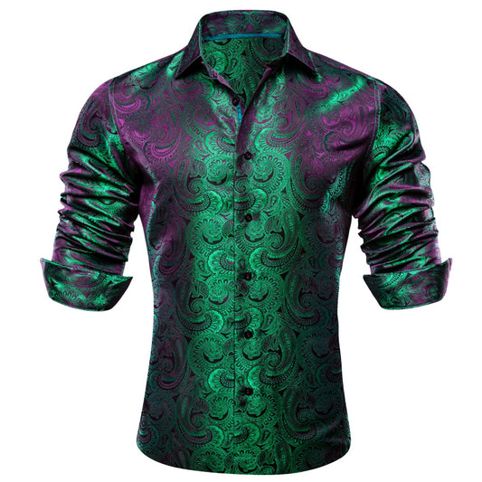 Barry. Wang Mens Paisley Dress Shirt Emerald Green 70s Disco Long Sleeve Button Down Shirt