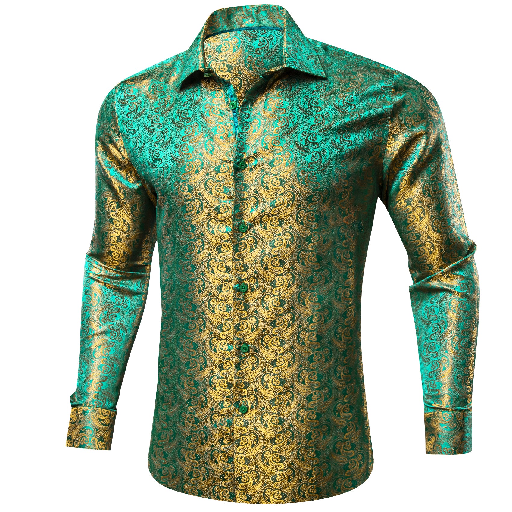 Barry.wang long sleeve Shirt Green Gold Paisley Silk Men's Shirt