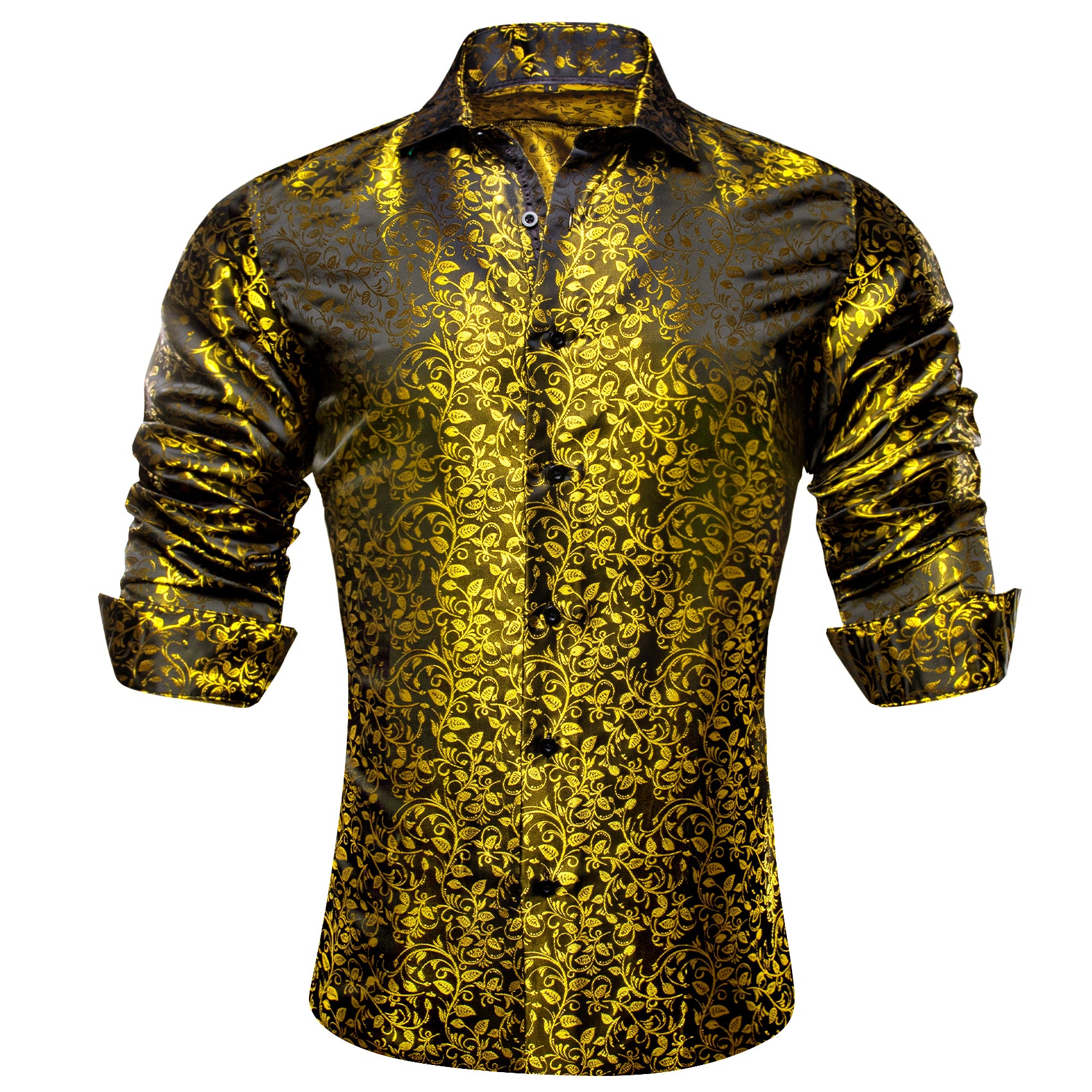 Barry.wang Luxury Olive Green Leaves Floral Silk Shirt