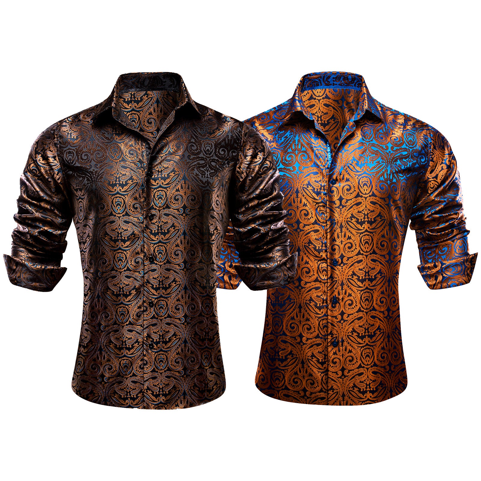 Barry.Wang 2pcs Men Dress Shirts Brown Paisley 70s Disco Shirt Silk Long Sleeve Shirt
