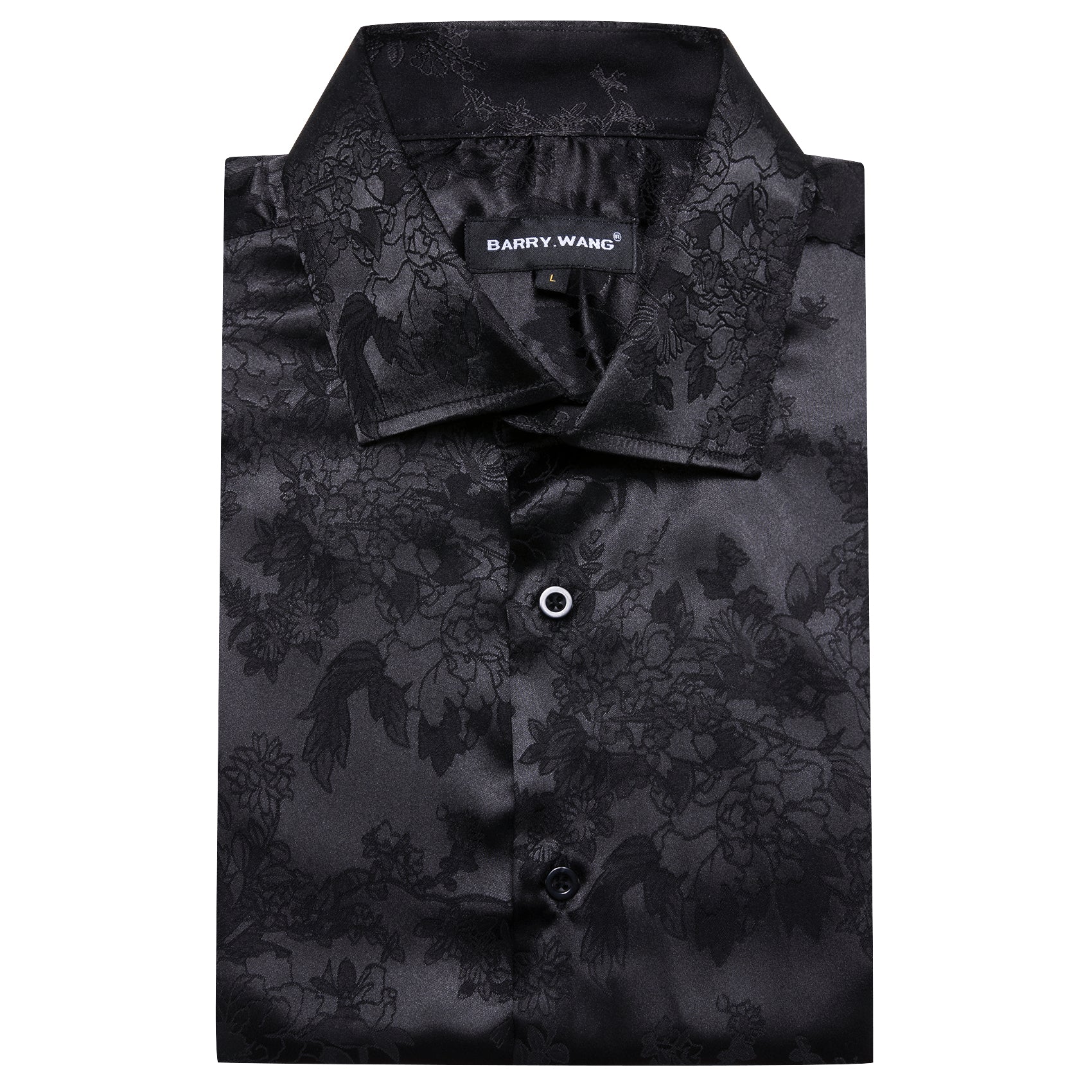 Barry.wang Casual Black Floral Silk Men's Long Sleeve Shirt