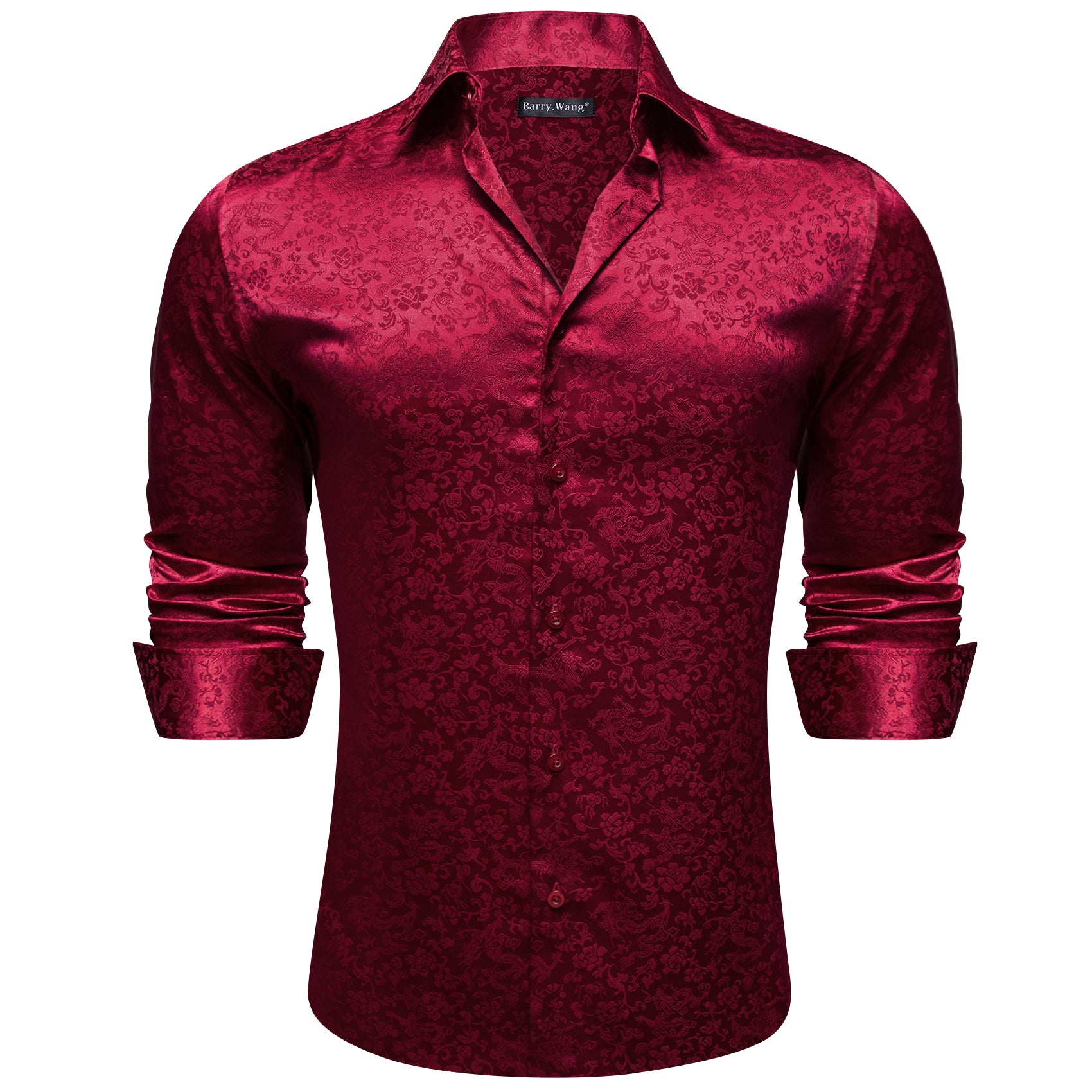 Barry.wang Dark Red Floral Silk Men's Shirt