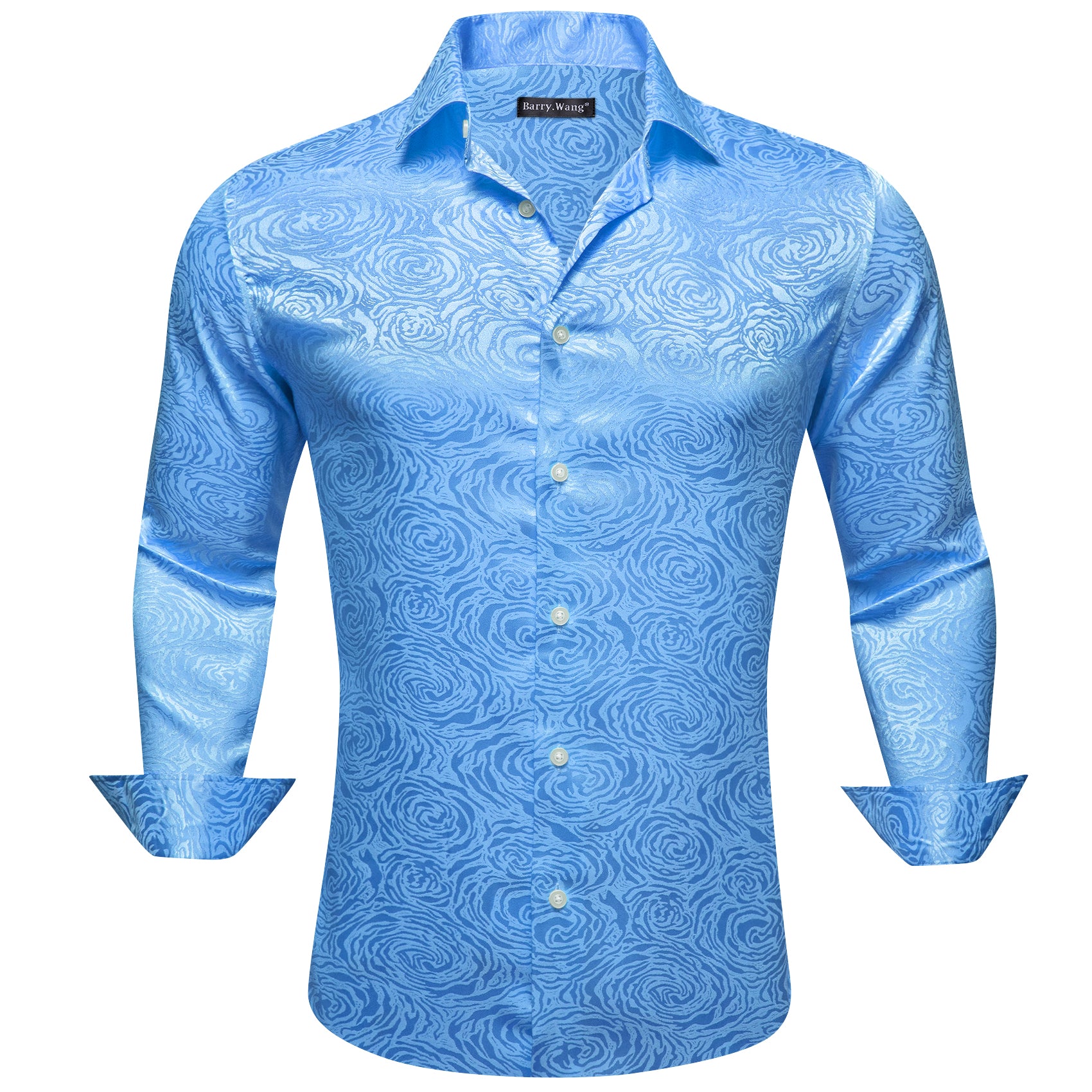 Barry.wang Sky Blue Floral Silk Men's Shirt