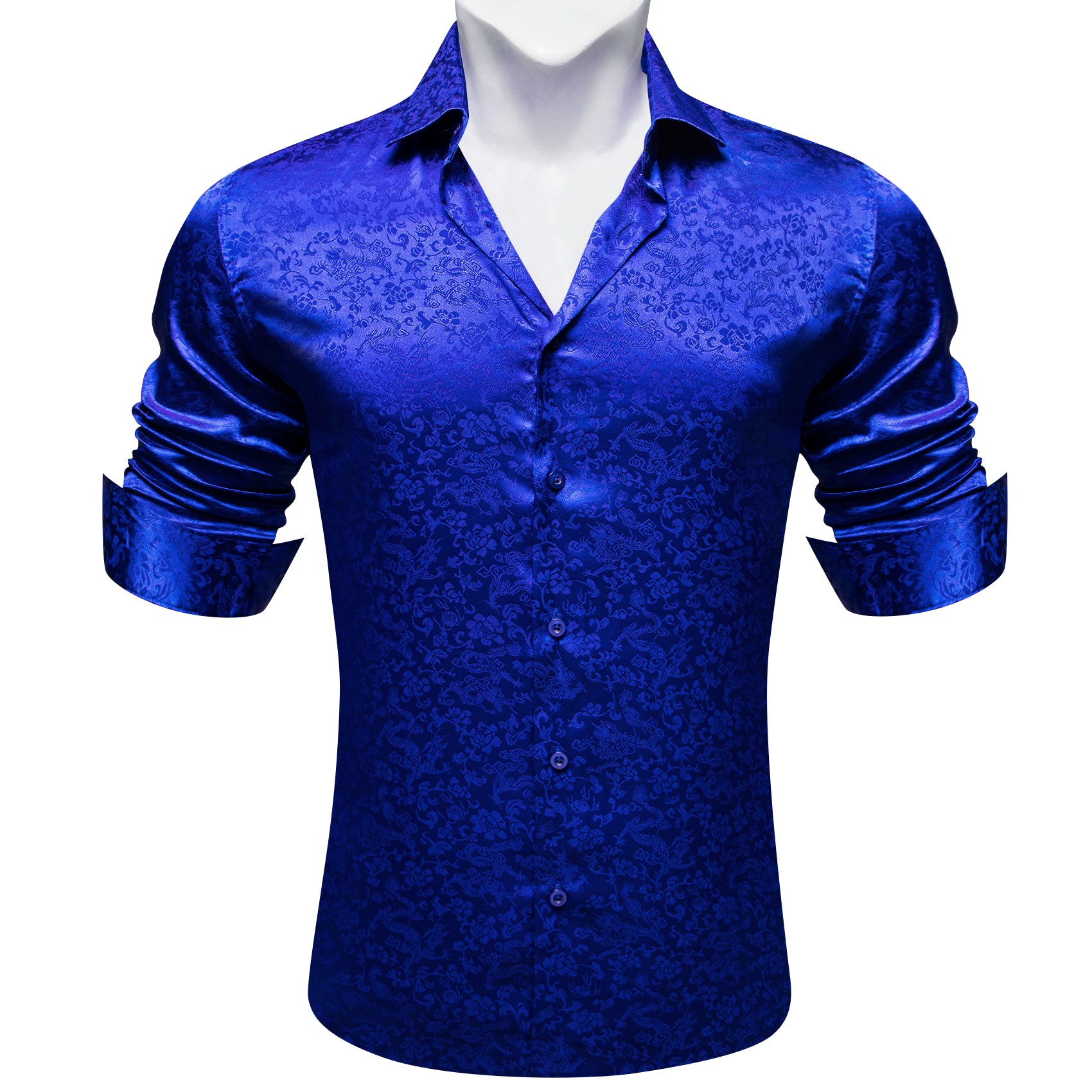 Barry.wang Cobalt Blue Floral Silk Men's Shirt