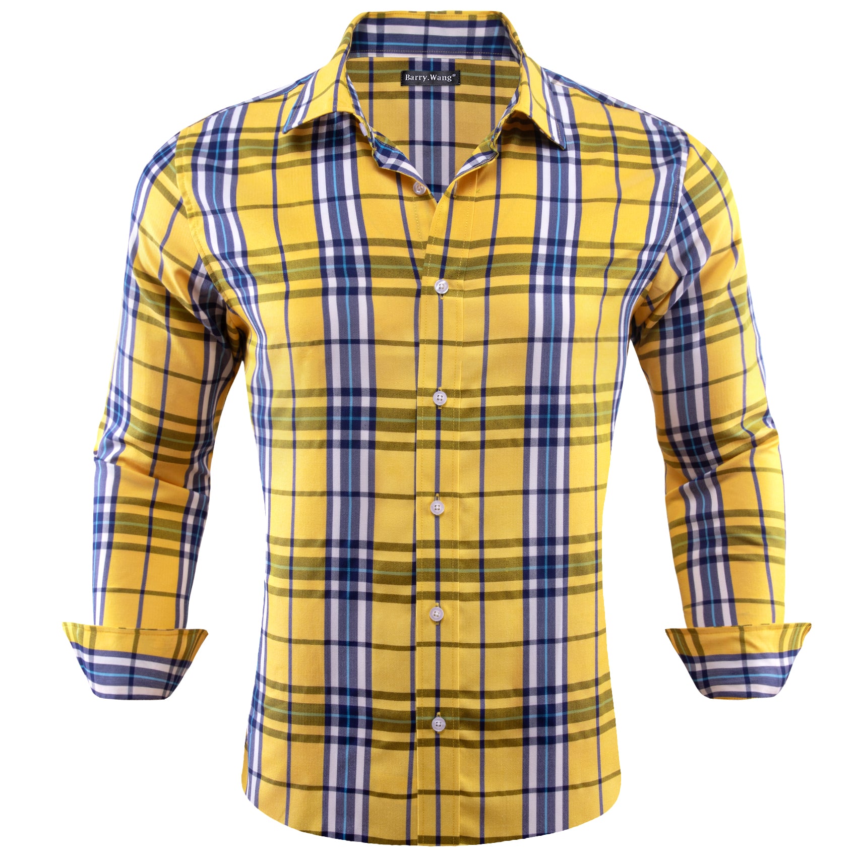 Barry.wang Casual Yellow Blue Plaid Men's Shirt