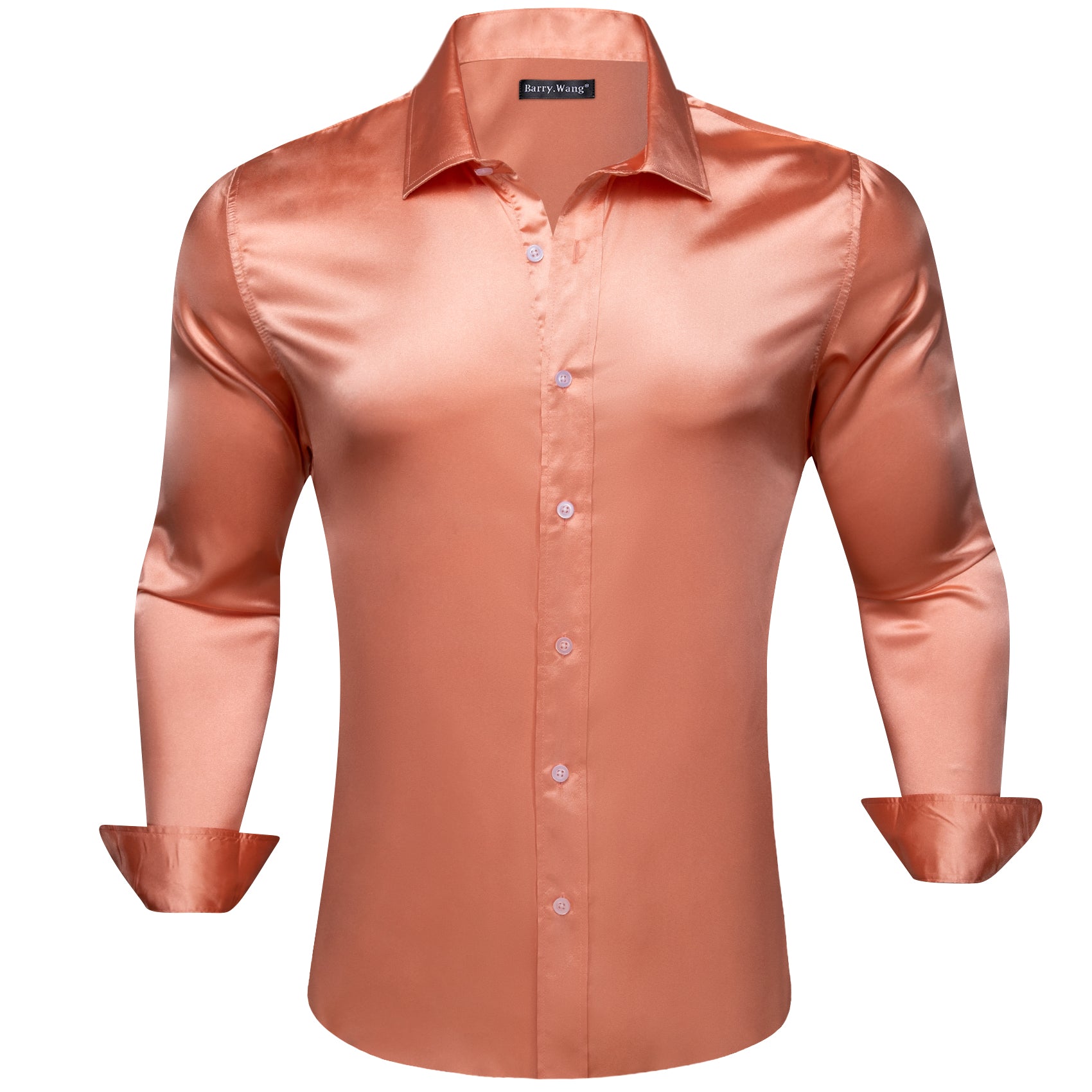 Barry.wang Button Down Shirt Coral Solid Silk Men's Long Sleeve Shirt