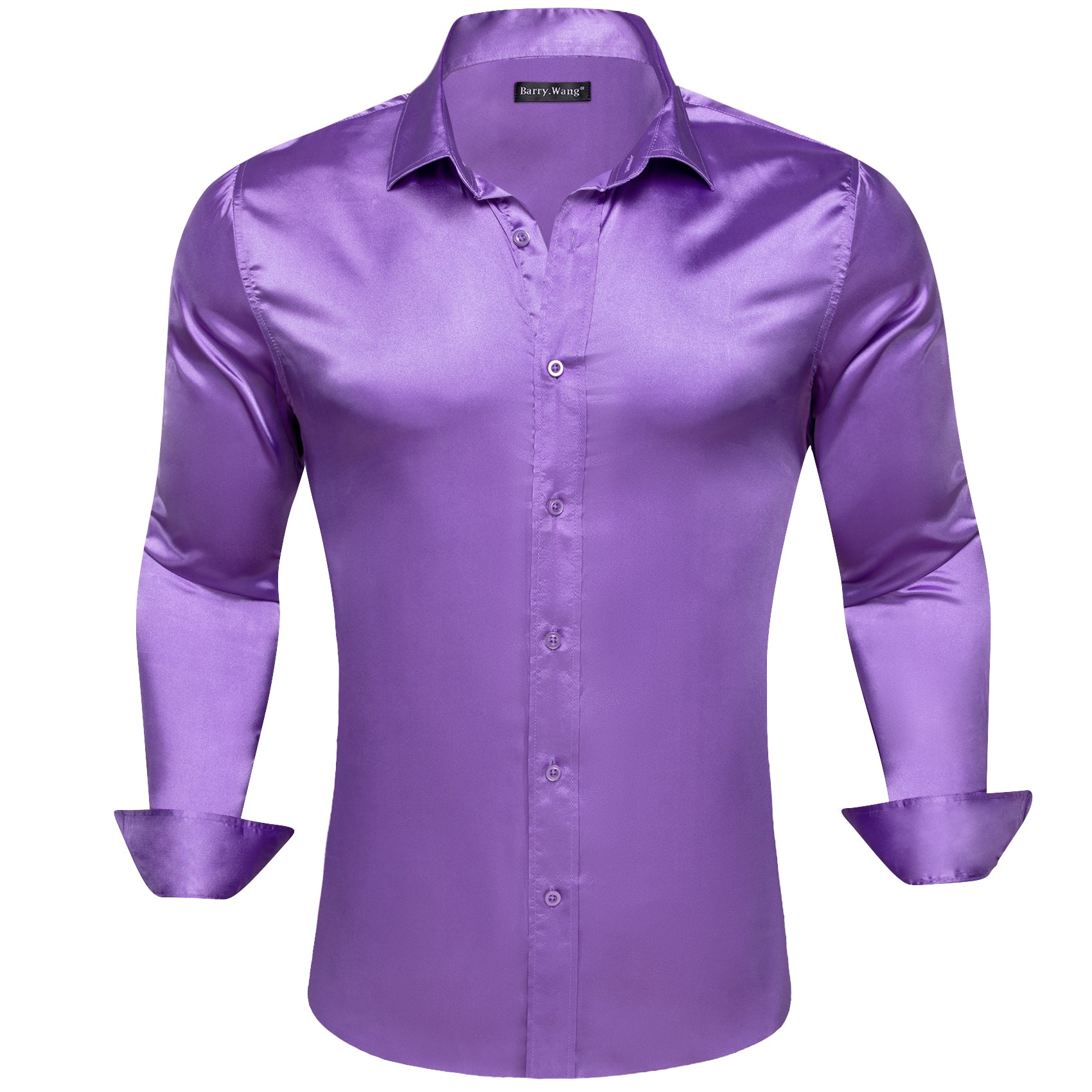 Barry.wang Button Up Shirt Purple Solid Silk Men's Long Sleeve Shirt