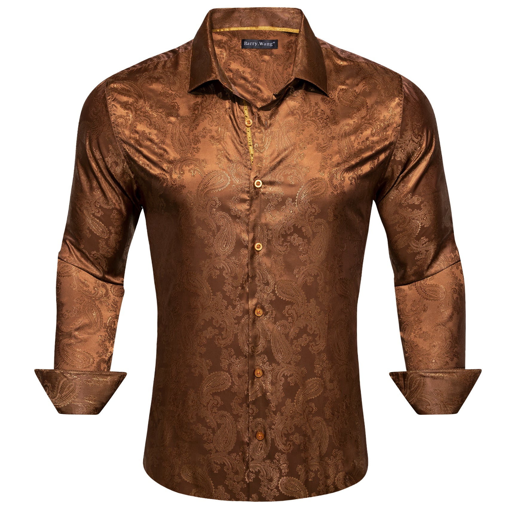 Barry.wang Button Down Shirt Brown Paisley Silk Men's Long Sleeve Shirt