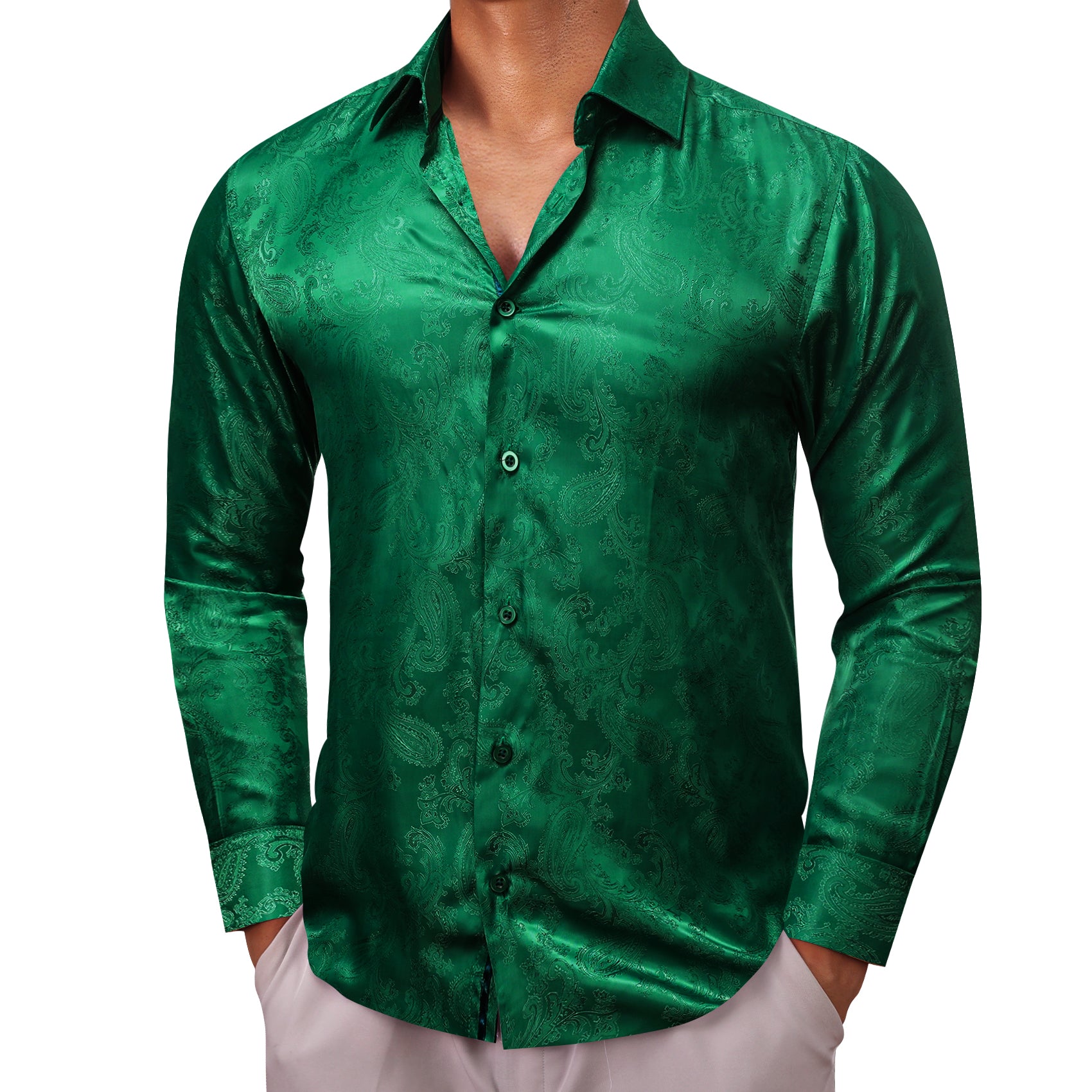 Barry.wang Grass Green Paisley Silk Men's Shirt