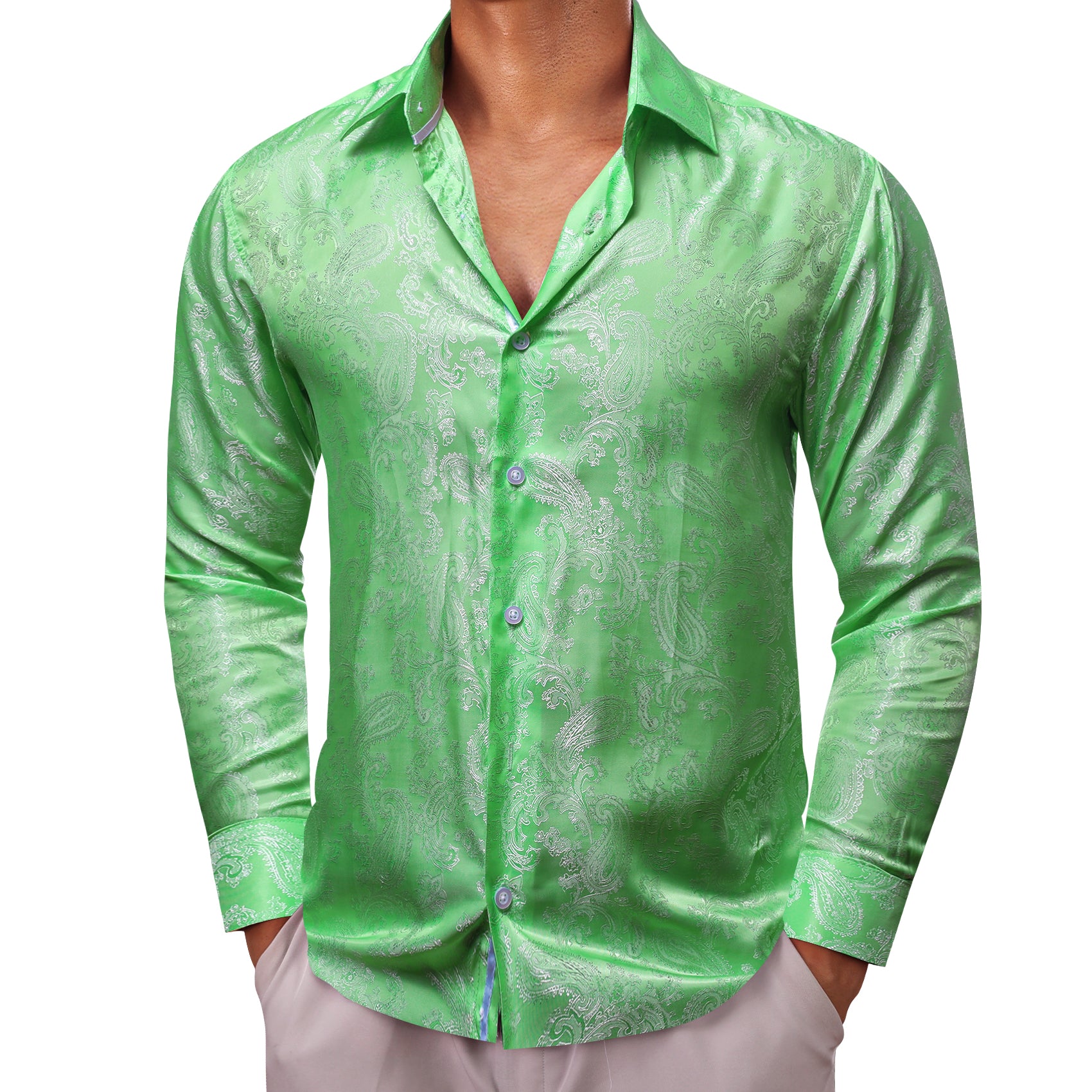 Barry.wang Green White Paisley Silk Men's Shirt