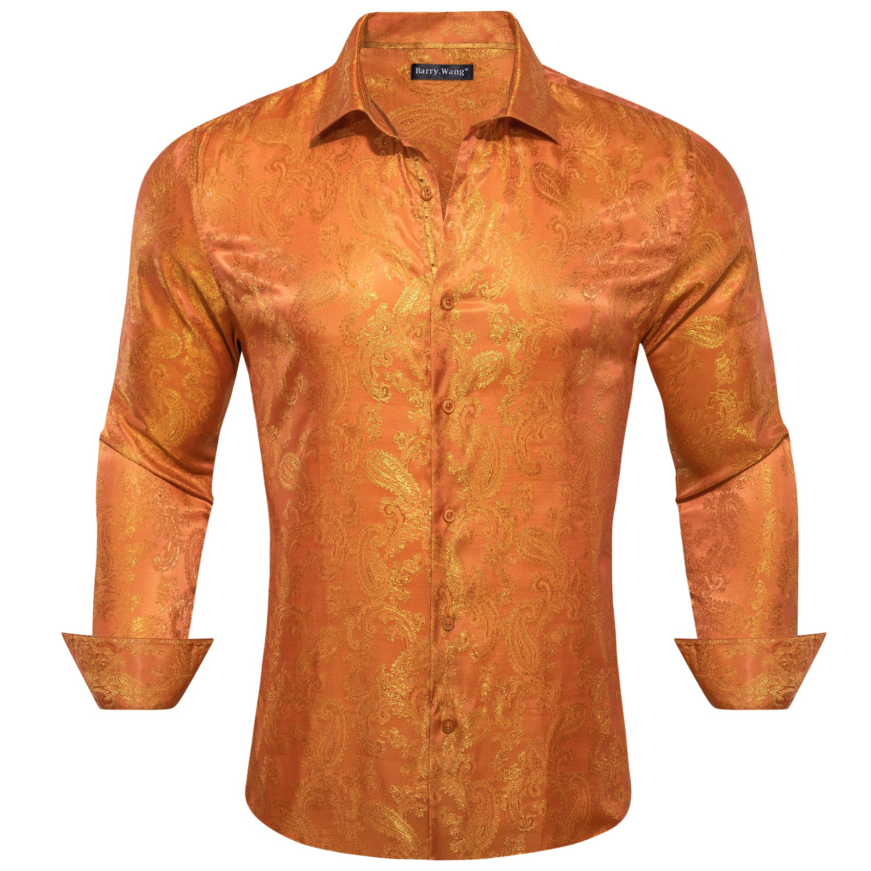 Barry.wang Long Sleeve Shirt Orange Paisley Silk Shirt for Men