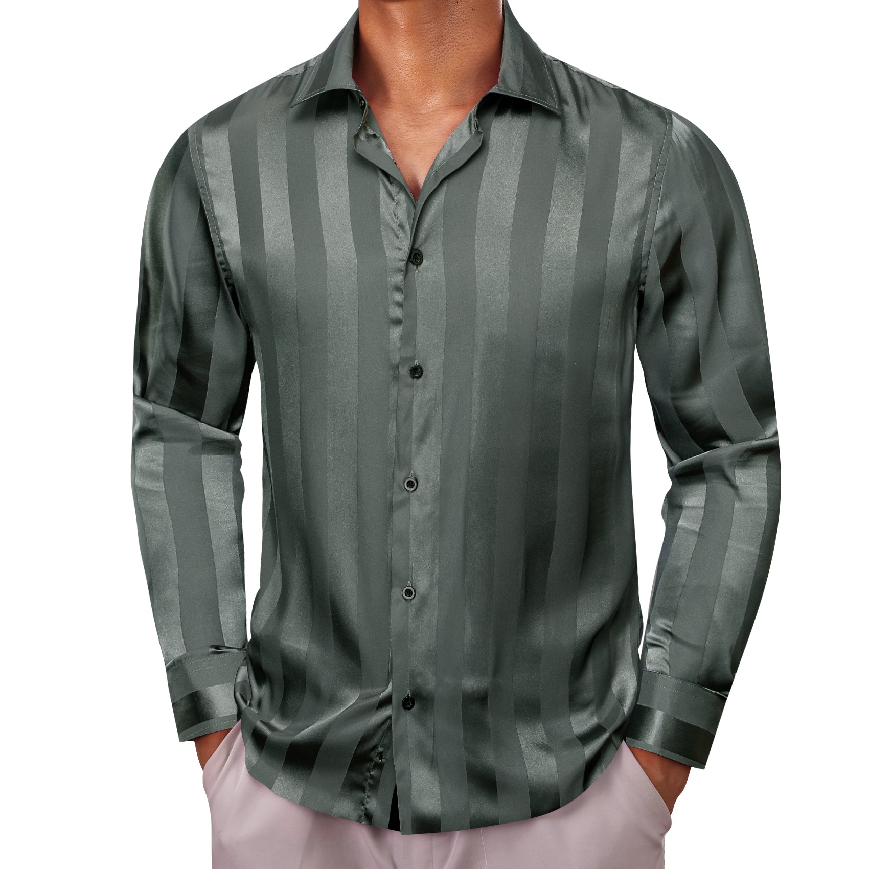 Barry.wang Long Sleeve Shirt Olive Striped Silk Men's Shirt