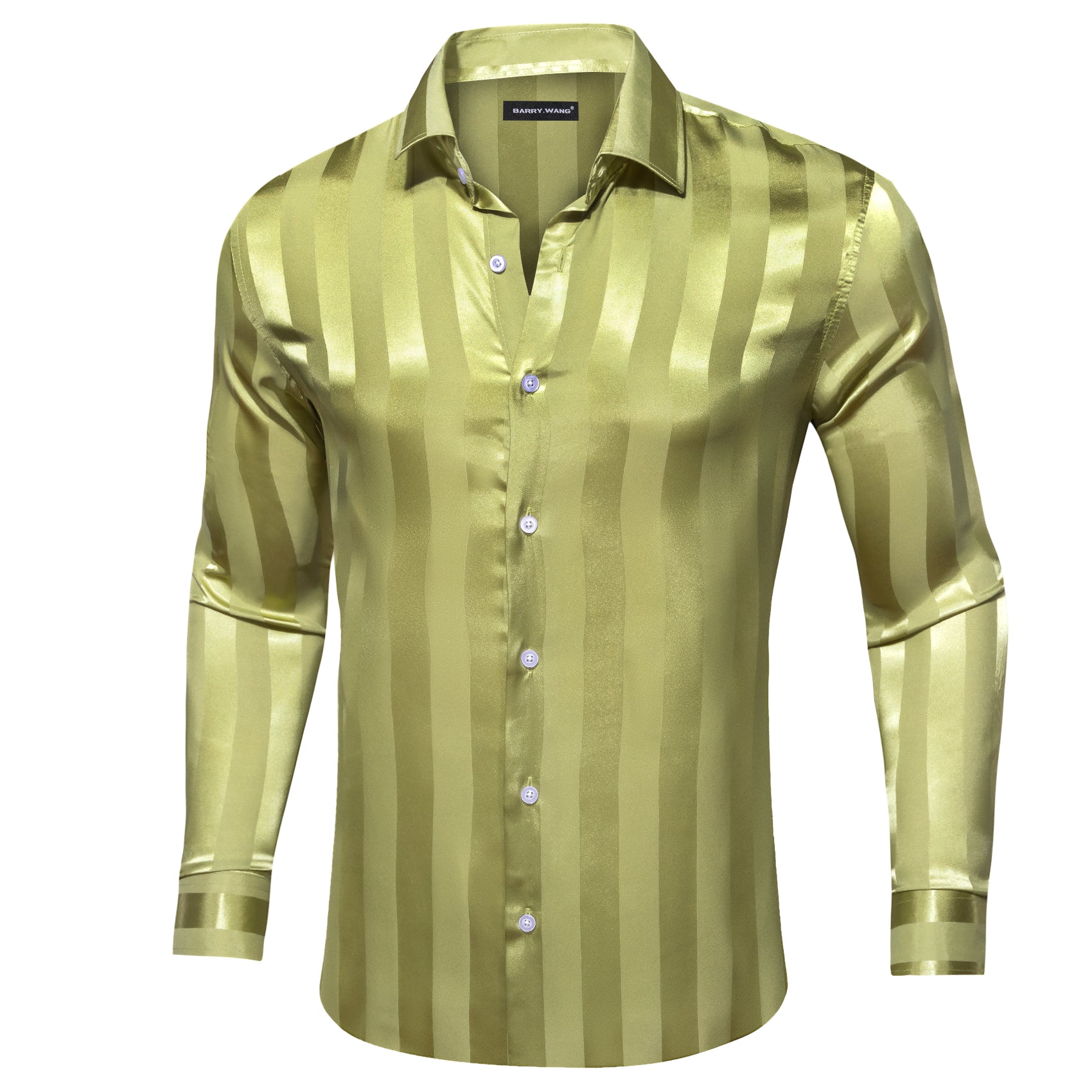 Barry.wang Yellow Green Striped Silk Men's Shirt