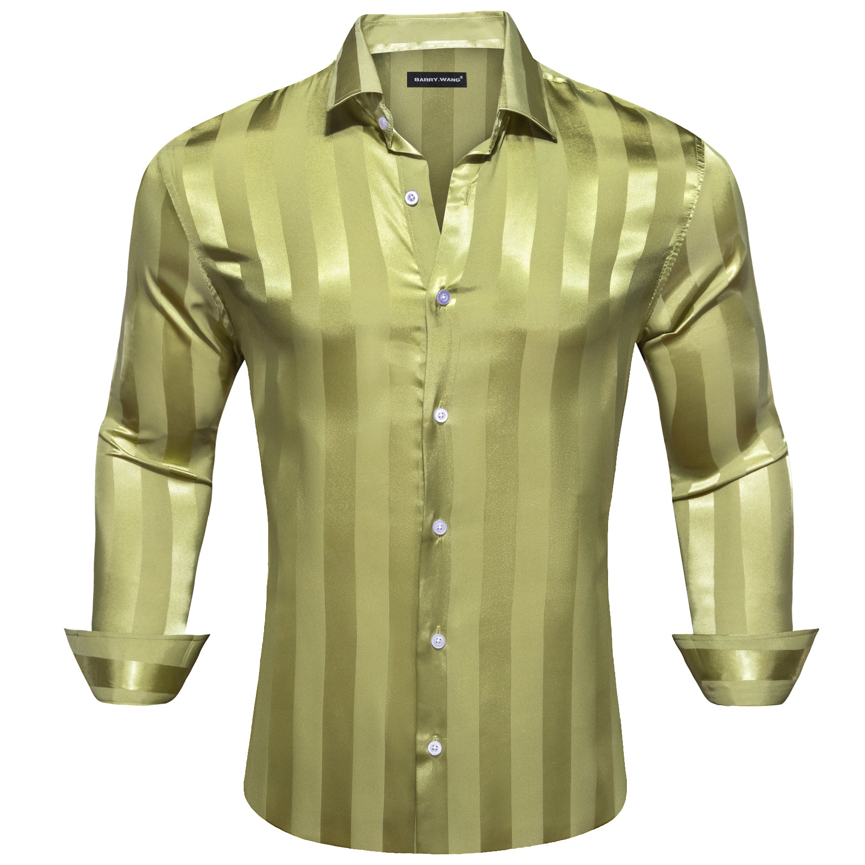 Barry.wang Yellow Green Striped Silk Men's Shirt