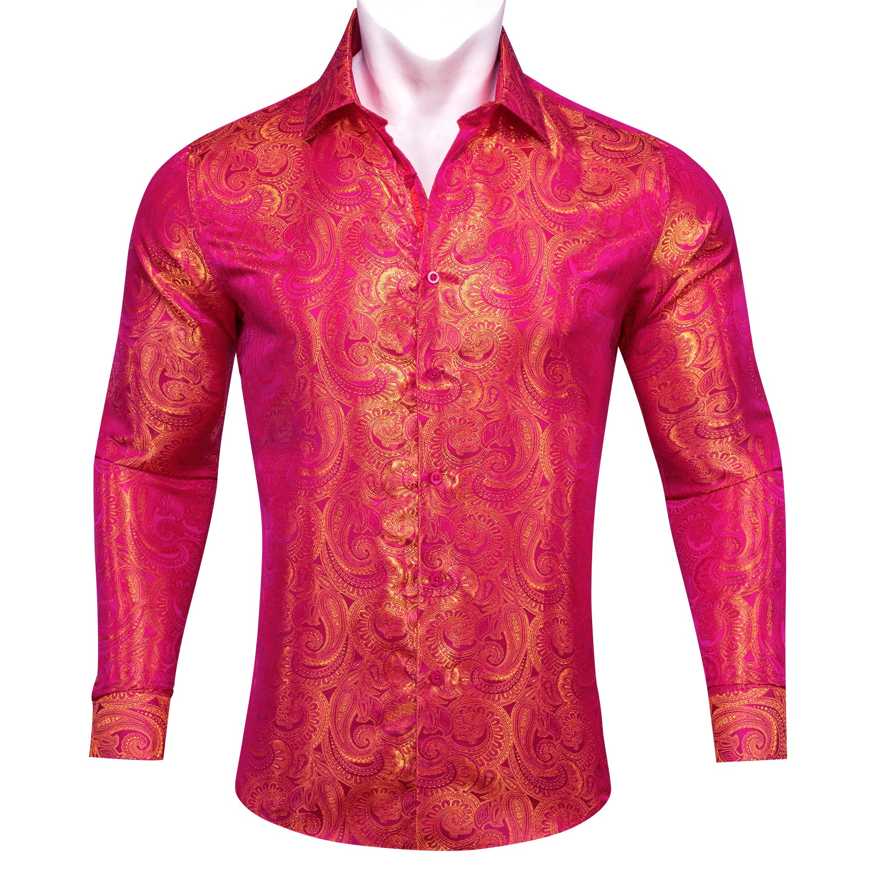 Deep pink gold shinny Jacquard mens dress casual shirts