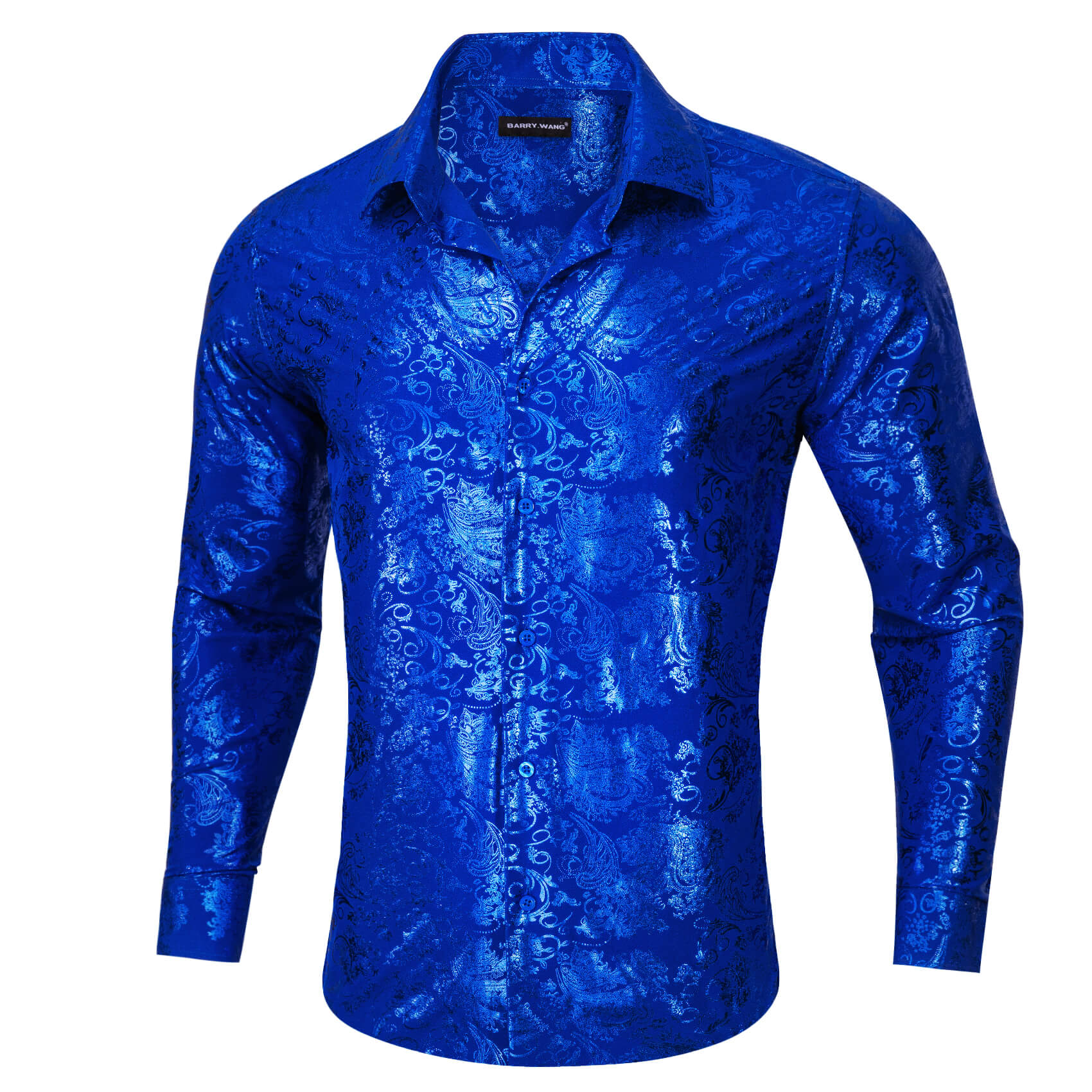 Barry.wang Buttoned Down Shirt Cobalt blue Floral Men's Silk Long Sleeve Shirt