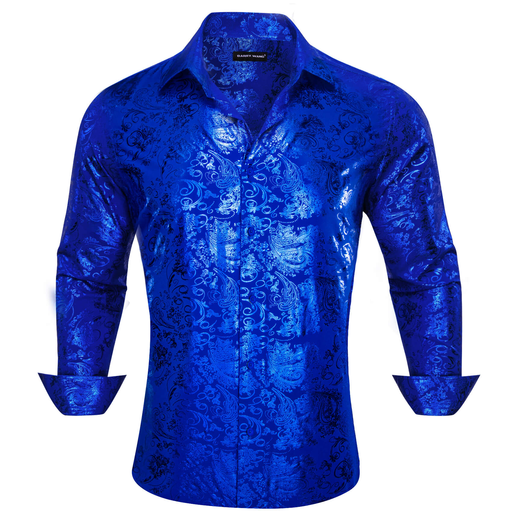 Cobalt blue Floral Men's Silk Long Sleeve Shirt
