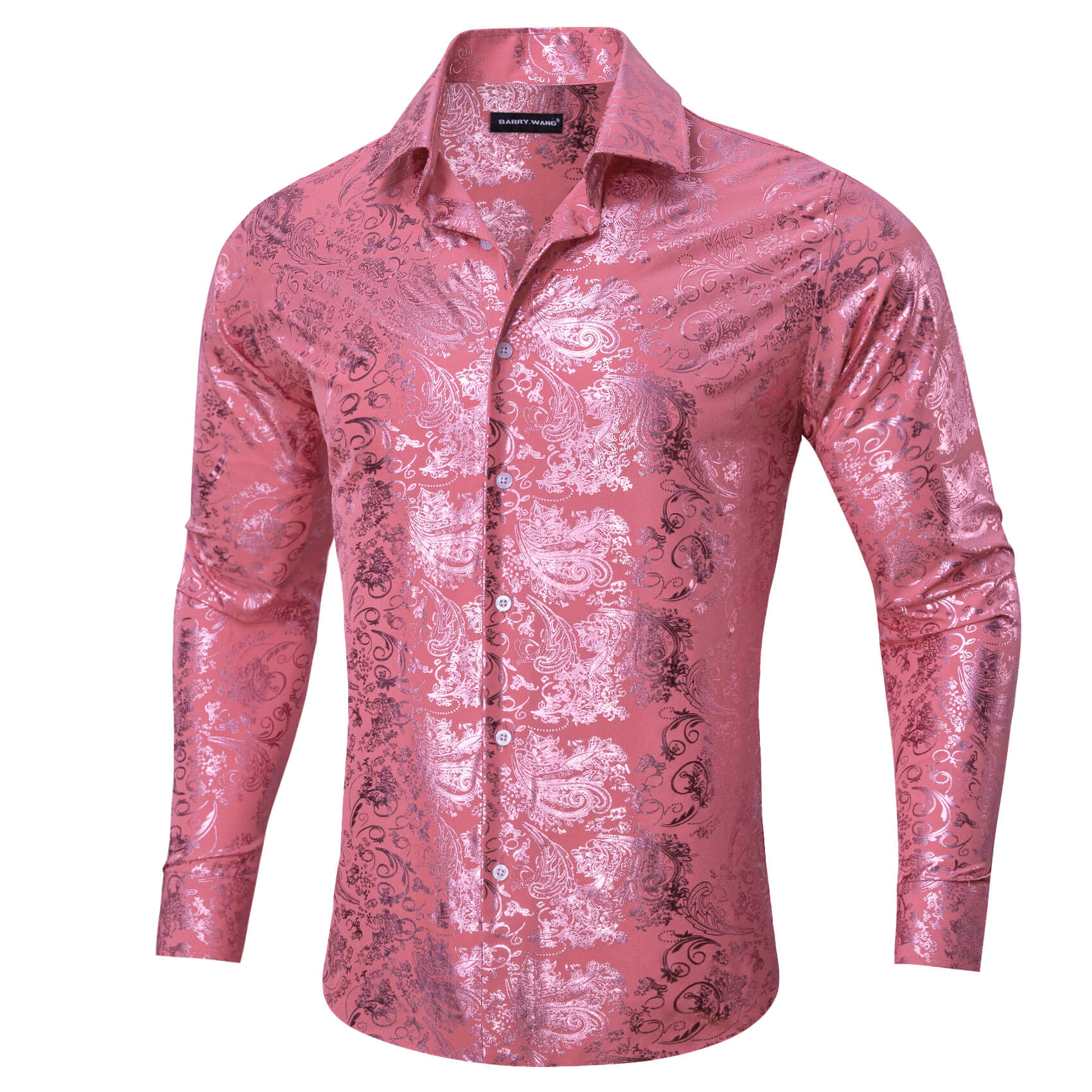 Barry.wang Men's Bronzing Shirt Watermelon Pink Floral Silk Shirt