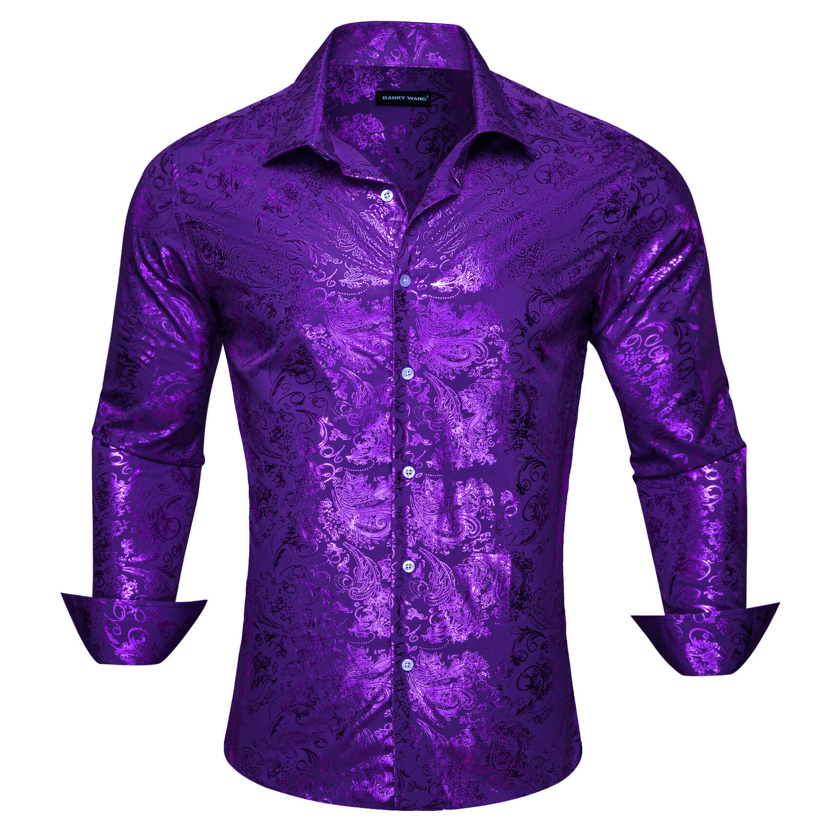 Violet Purple Bronzing Floral Silk Men's Long Sleeve Shirt