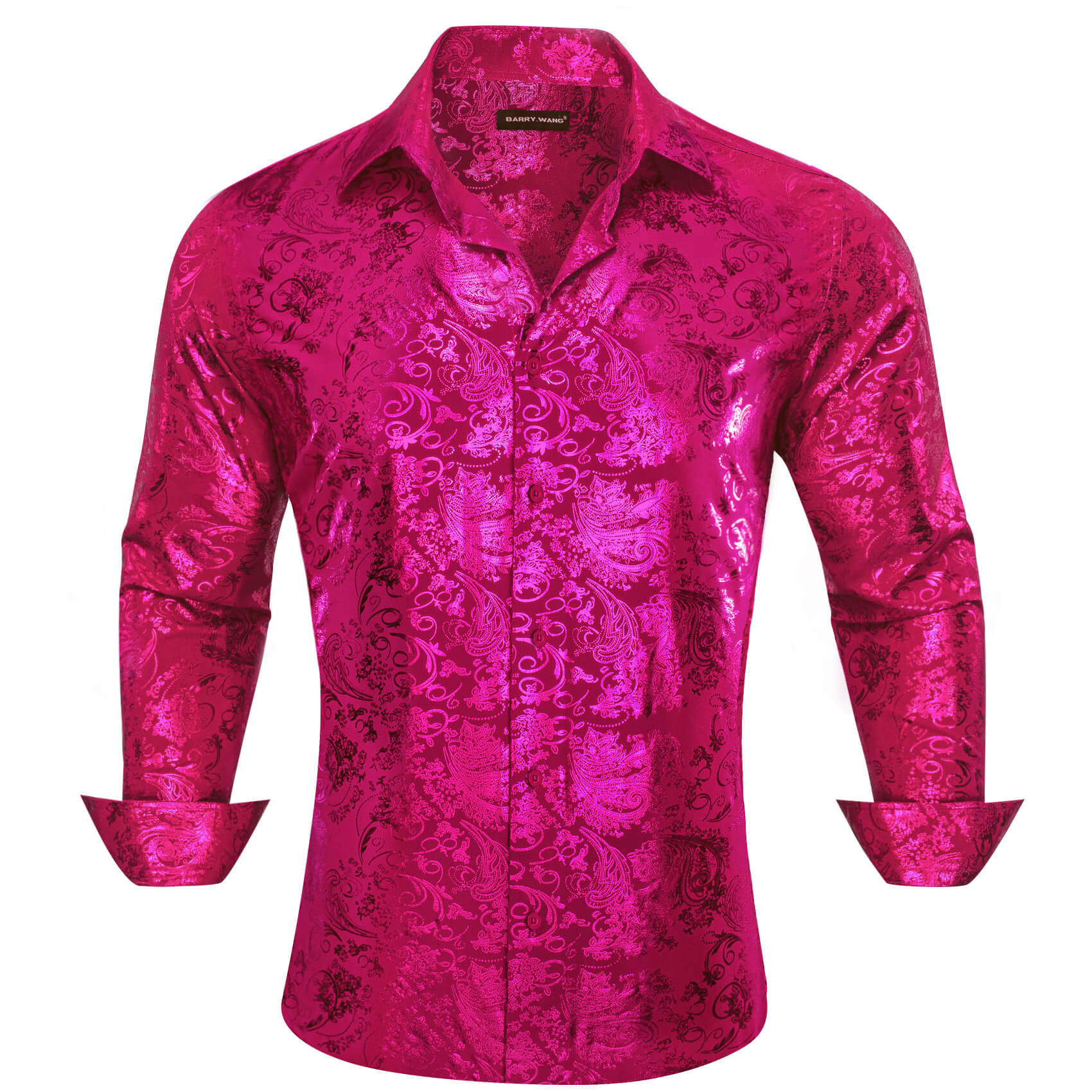 Magenta Pink Bronzing Floral Button Down Long Sleeve Shirt