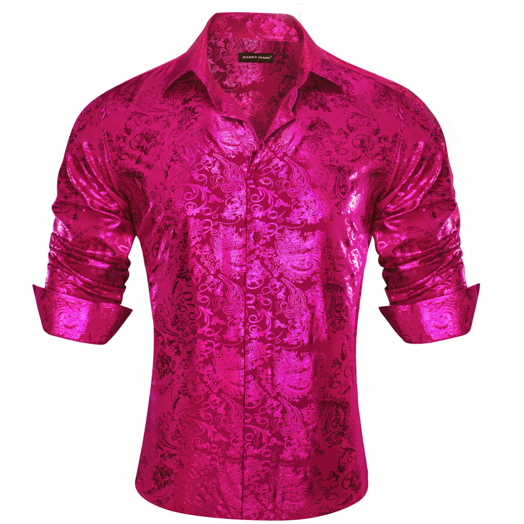 Barry.wang Men's Shirt Magenta Pink Bronzing Floral Button Down Long Sleeve Shirt
