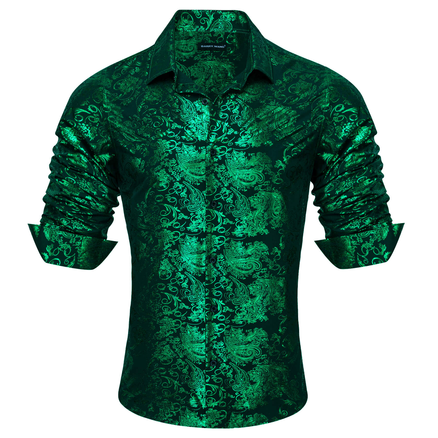 Barry.wang Men's Shirt Silk Emerald Green Bronzing Floral Jacquard Shirt