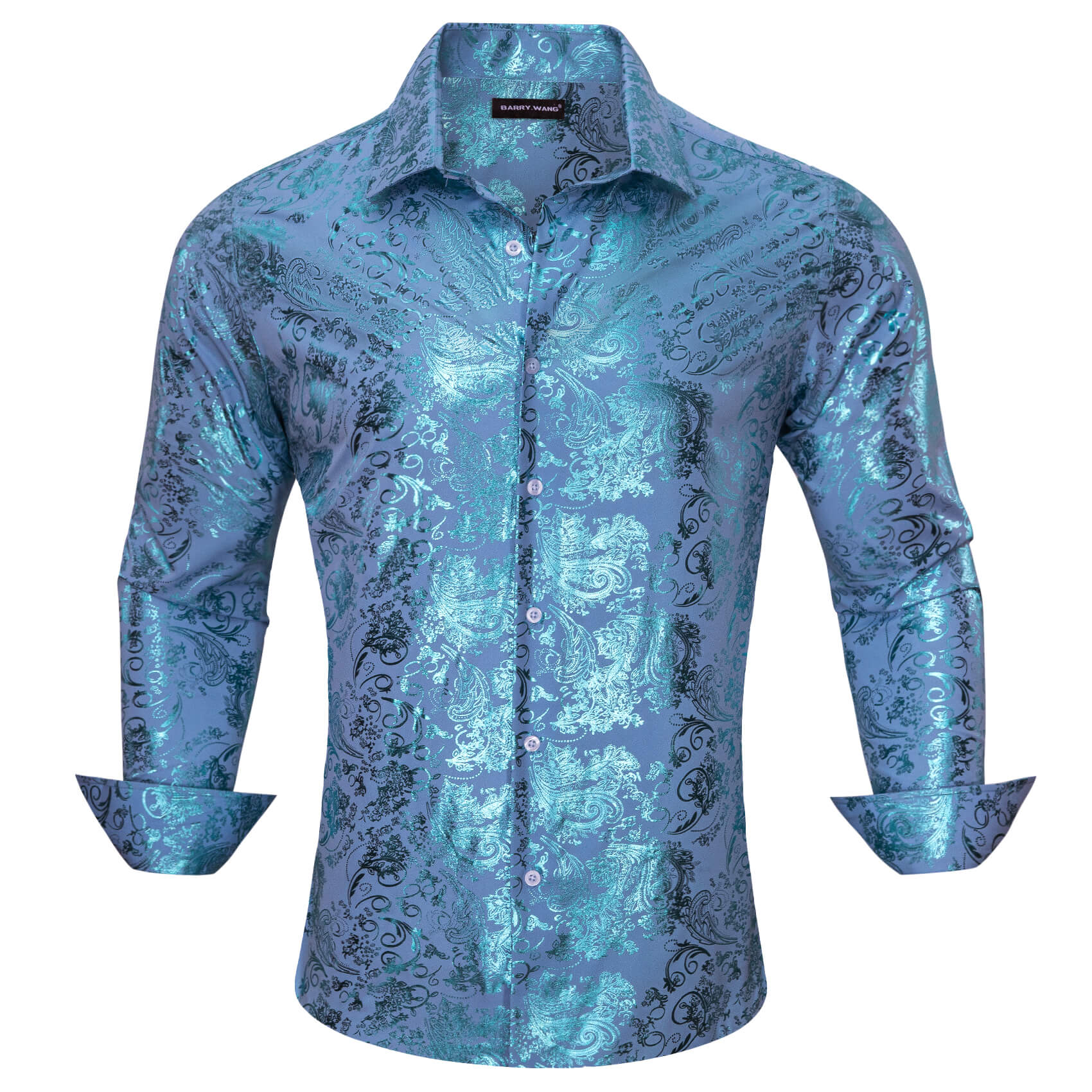 Men's Shirt Sky Blue Bronzing Floral Silk Long Sleeve Shirt
