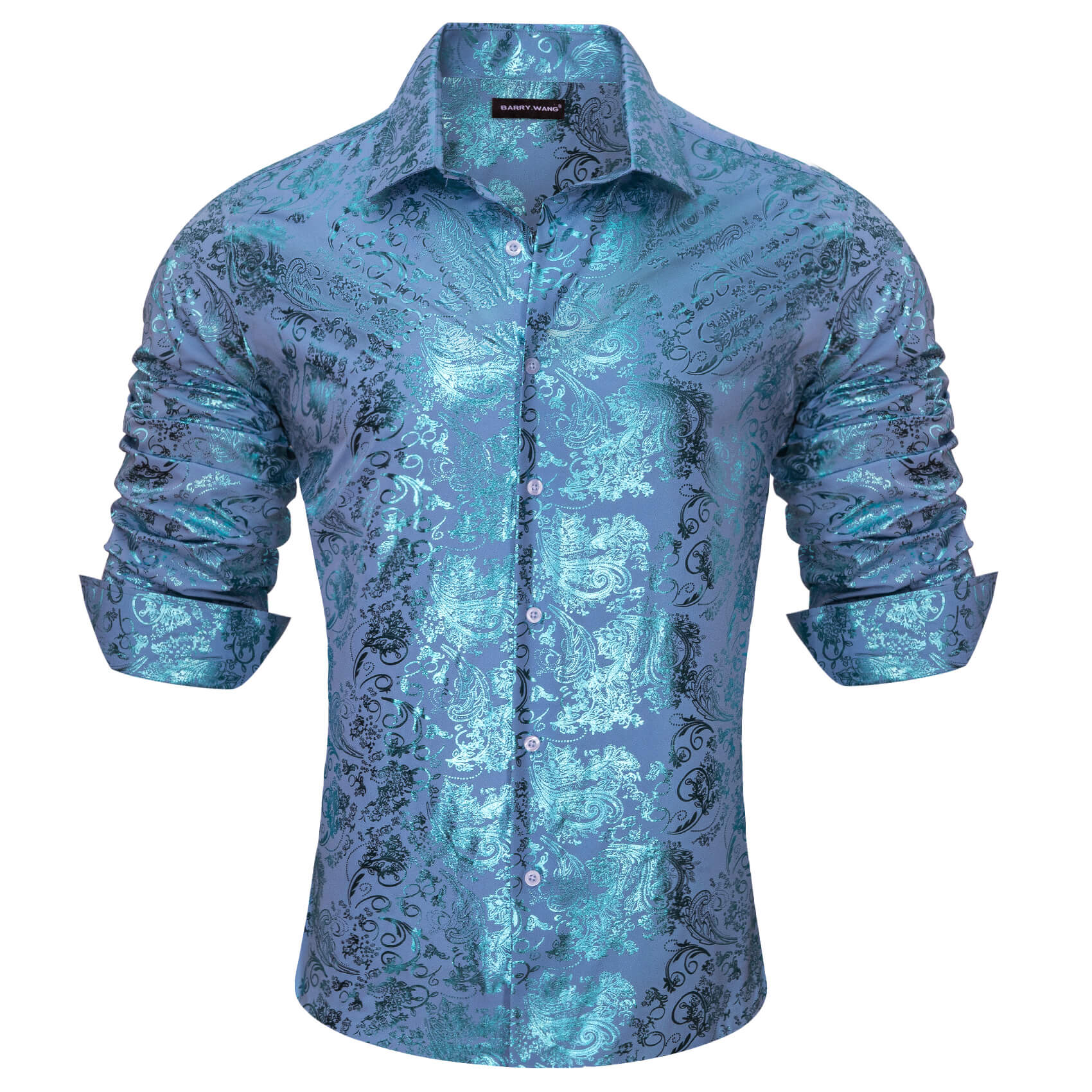Barry.wang Men's Shirt Sky Blue Bronzing Floral Silk Long Sleeve Shirt