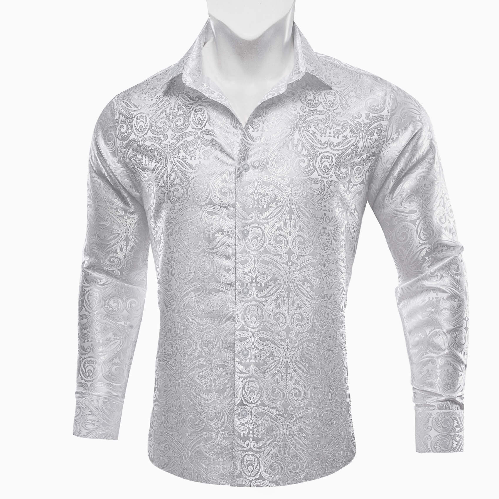 Barry Wang Button Down Shirt White Paisley Men's Silk Long Sleeve Shirt New Arrival