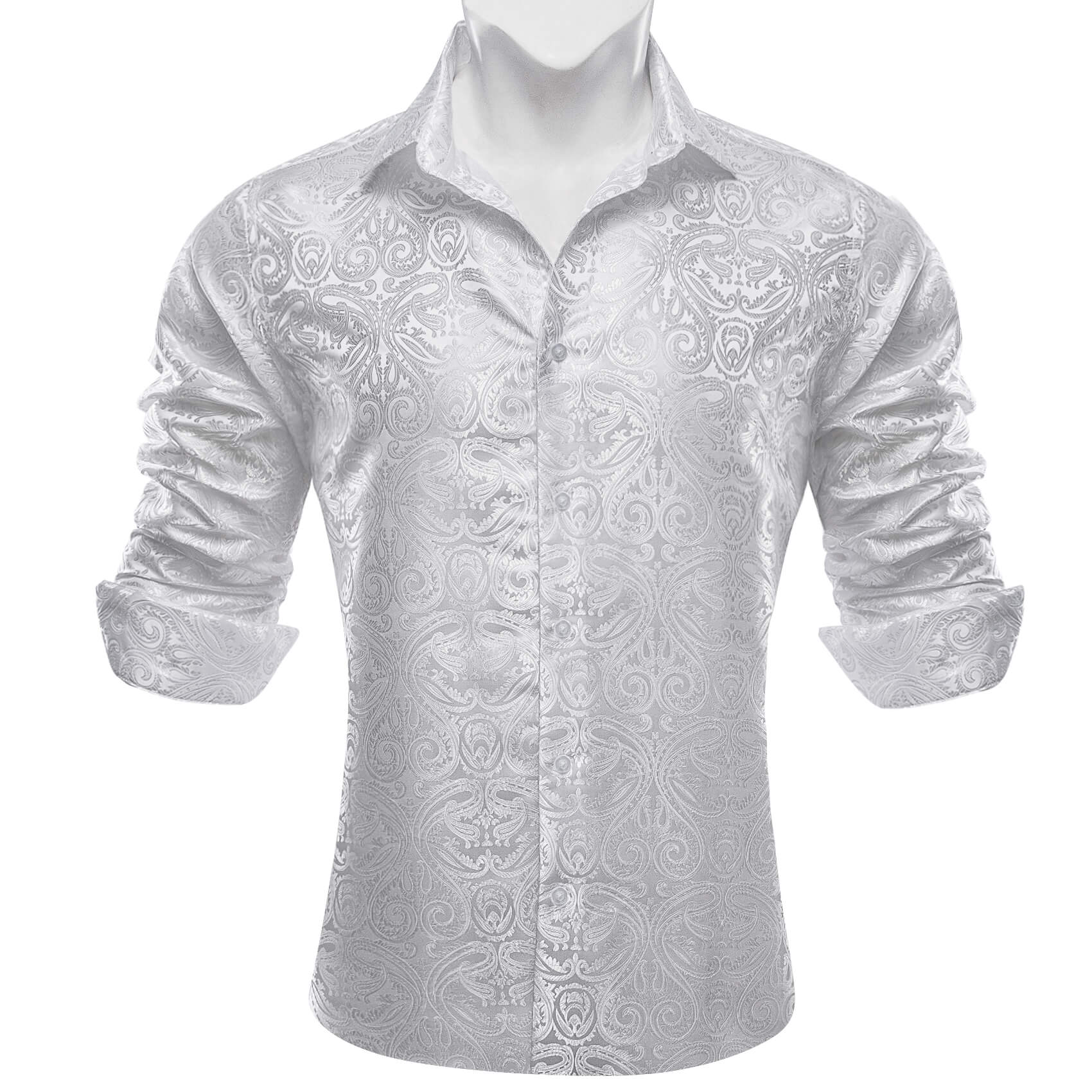 Barry Wang Button Down Shirt White Paisley Men's Silk Long Sleeve Shirt