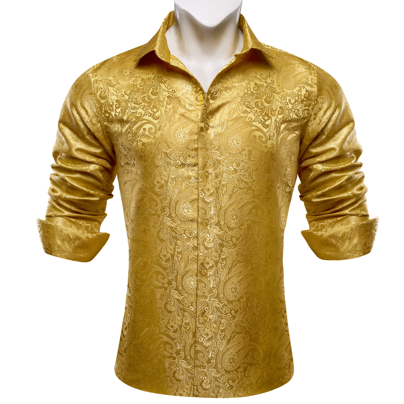 Barry.wang Men's Shirt Golden Jacquard Paisley Silk Long Sleeve Shirt