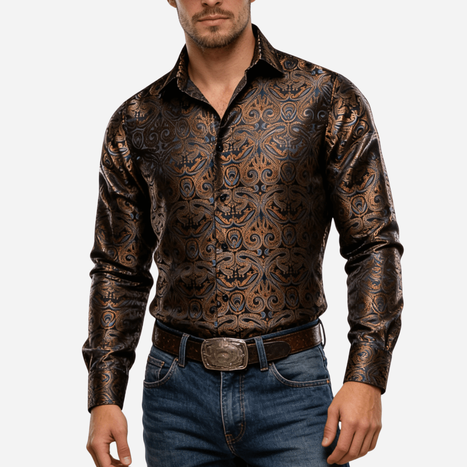 Barry. Wang Mens Paisley Dress Shirt Brown 70s Disco Long Sleeve Button Down Shirt