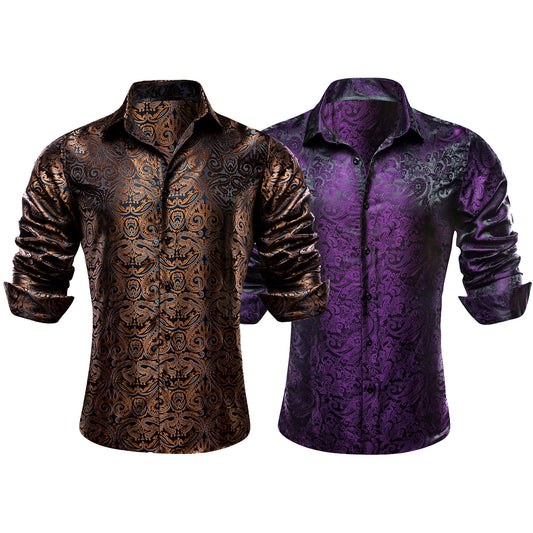 Barry.Wang 2pcs Men Dress Shirts Brown Purple Paisley Shirt Silk Long Sleeve Shirt