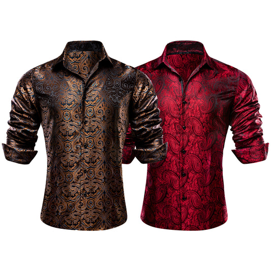 Barry.Wang 2pcs Men Dress Shirts Brown Red Paisley Shirt Silk Long Sleeve Shirt