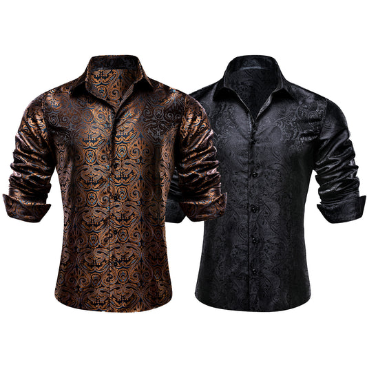 Barry.Wang 2pcs Men Long Sleeve Dress Shirts Brown Black Paisley Shirt Silk Shirt