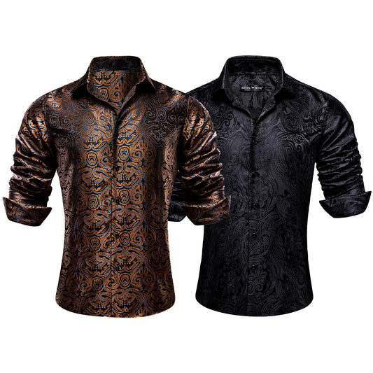 Barry.Wang 2pcs Mens Shirts Brown Black Paisley Shirt Silk Shirt