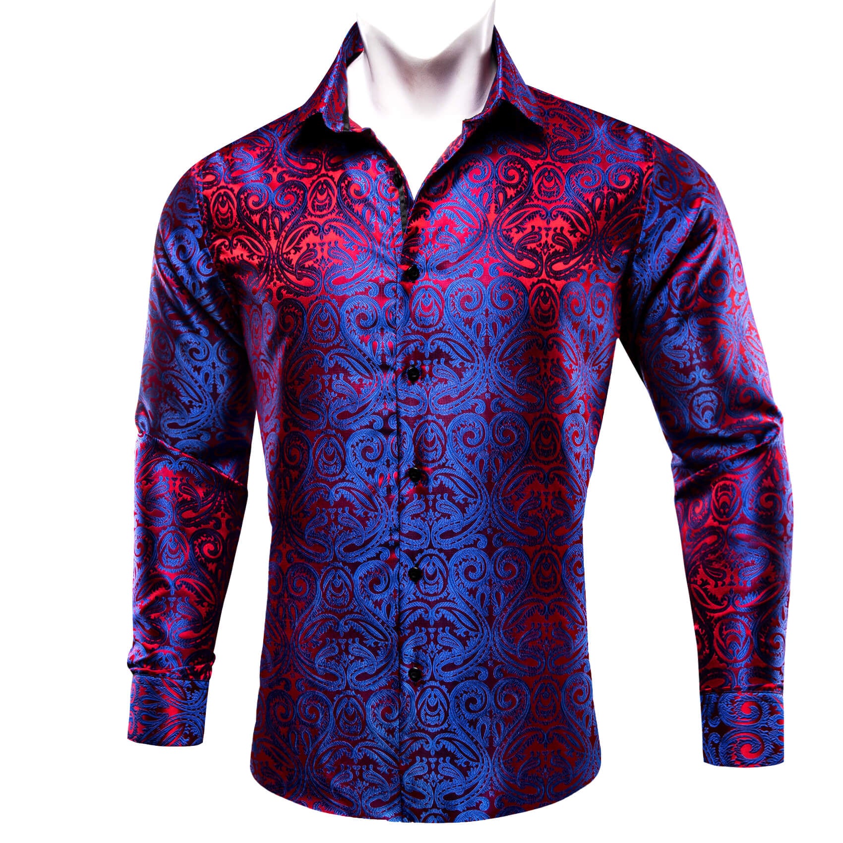 Barry.wang Men's Shirt Blue Red Paisley Silk Long Sleeve Shirt High Quality