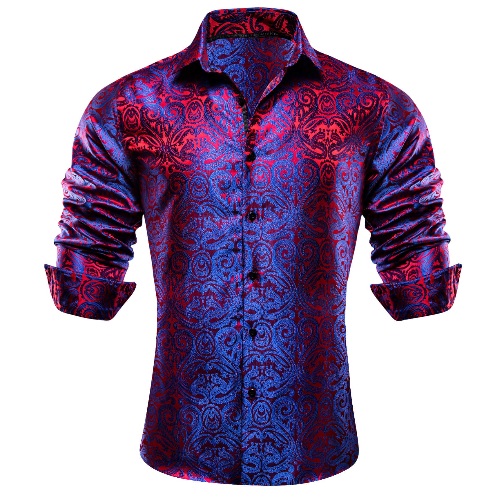 Barry.wang Men's Shirt Blue Red Paisley Silk Long Sleeve Shirt