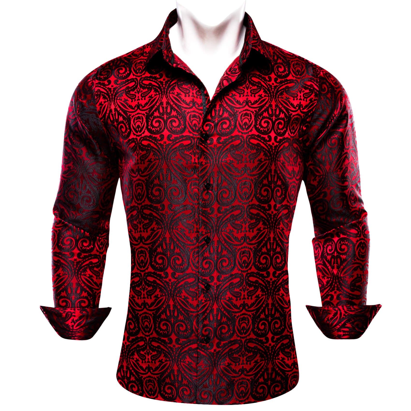 Red Black Woven Paisley Silk Long Sleeve Shirt
