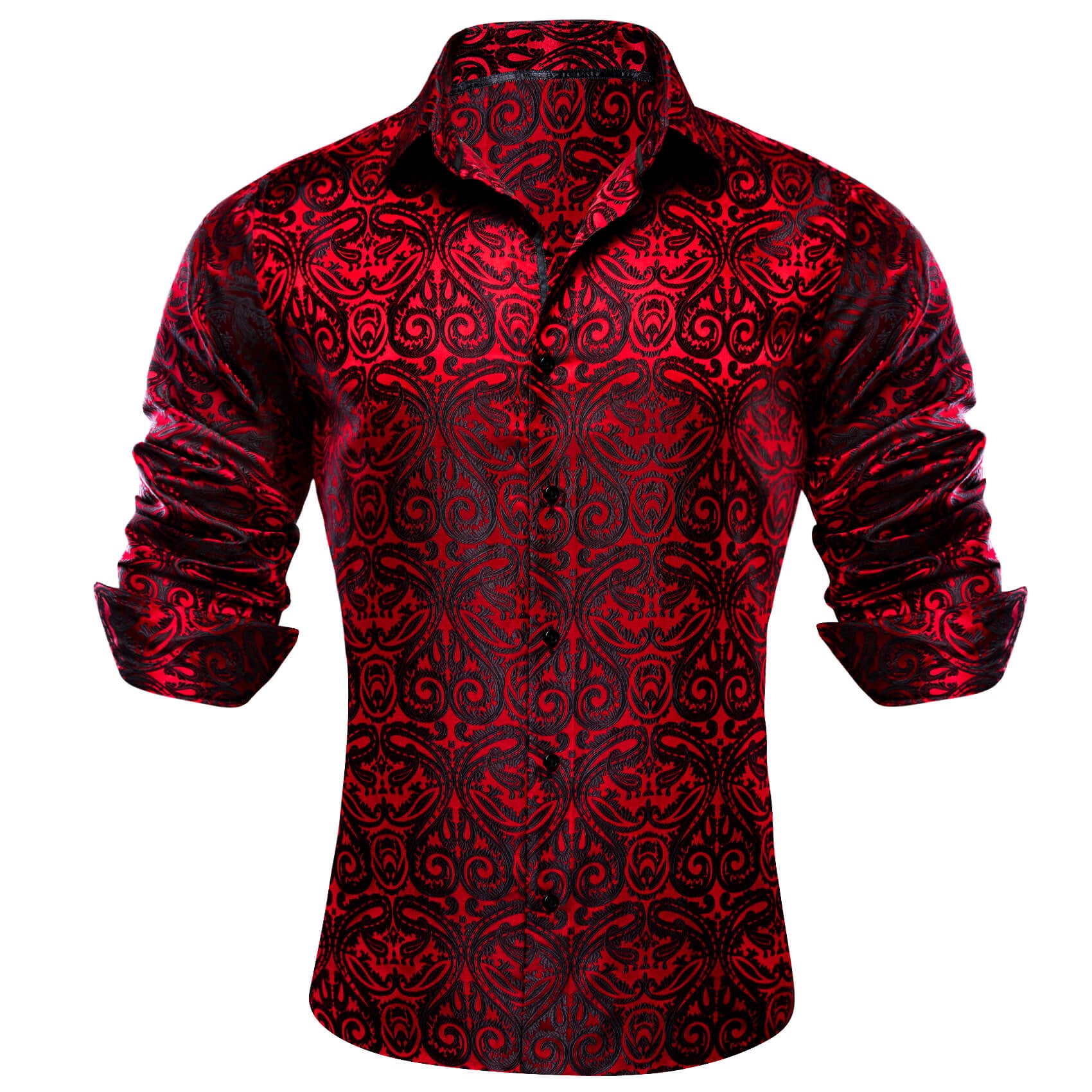 Barry.wang Men's Shirt Red Black Woven Paisley Silk Long Sleeve Shirt Classic