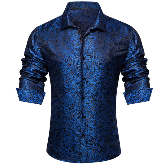 Barry. Wang Navy Casual Shirt Mens Paisley Long Sleeve Button Down Shirt