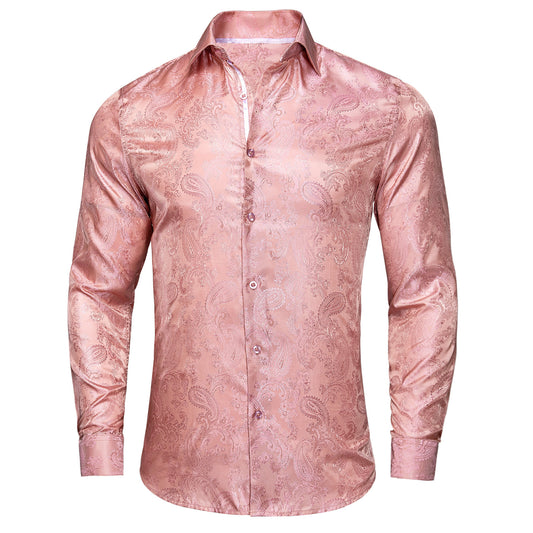 Barry. Wang Blush Pink Paisley Silk Mens Long Sleeve Dress Shirt