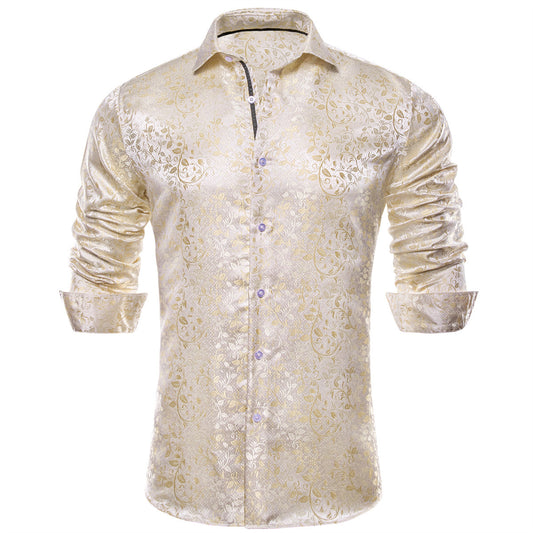 Barry. Wang Mens Champagne Shirt Floral Wrinkle Free Long Sleeve Button Down Shirt