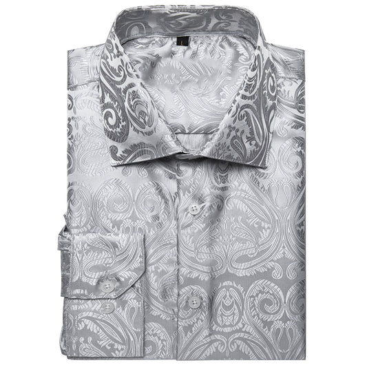 Barry. Wang Silver Paisley Dress Shirt Mens Casual Long Sleeve Button Down Shirt