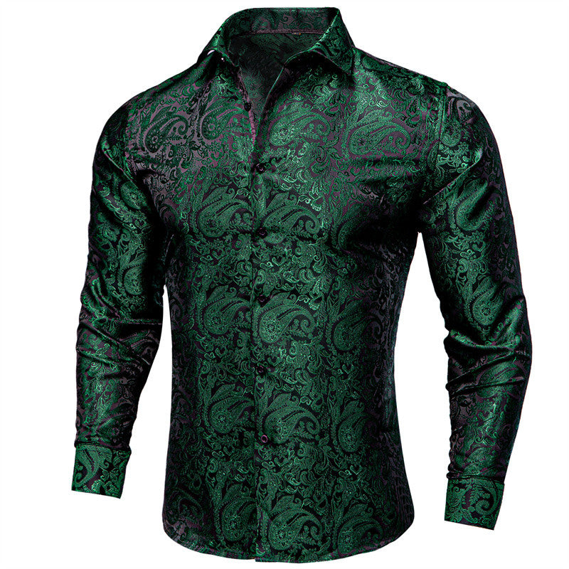 Barry. Wang Mens Hunter Green Shirt Casual Paisley Jacquard Long Sleeve Shirt