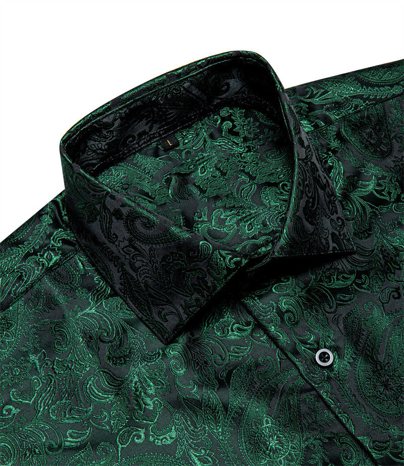Barry. Wang Mens Hunter Green Shirt Casual Paisley Jacquard Long Sleeve Shirt