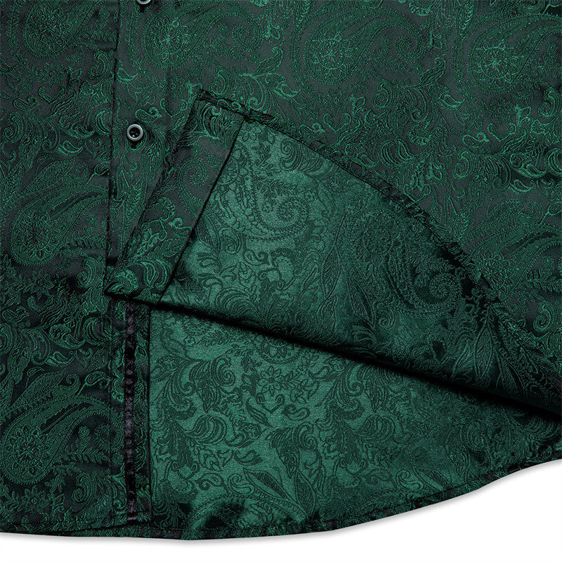 Barry. Wang Mens Hunter Green Shirt Casual Paisley Jacquard Long Sleeve Shirt