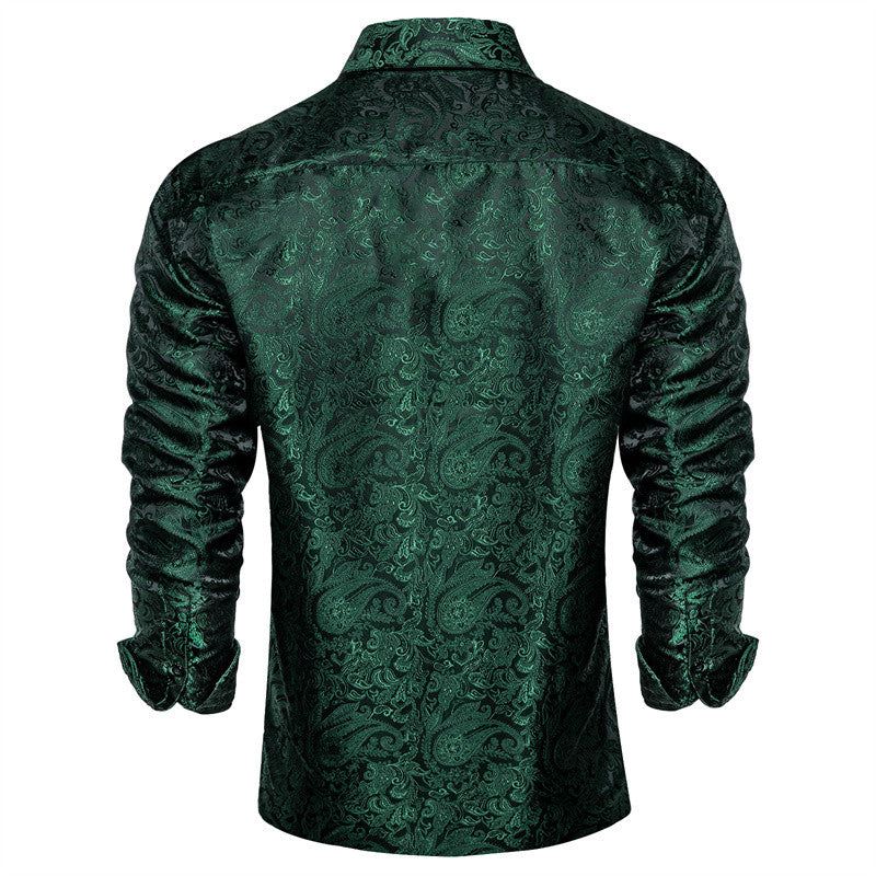 Barry. Wang Mens Hunter Green Shirt Casual Paisley Jacquard Long Sleeve Shirt