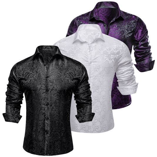 Barry.Wang 3pcs Mens Dress Shirts Black White Purple Paisley Shirt Silk Shirt