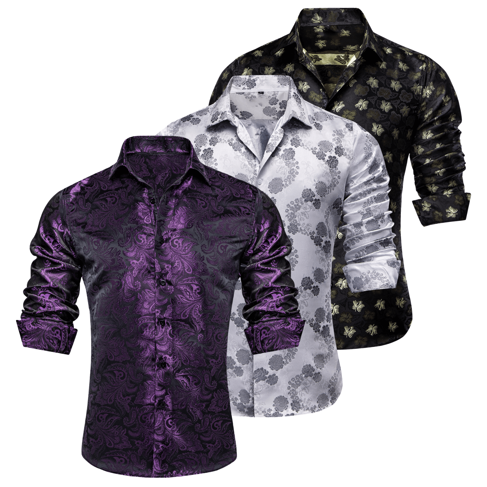 Barry.Wang 3pcs Mens Dress Shirts Purple Grey Black Paisley Shirt Silk Shirt